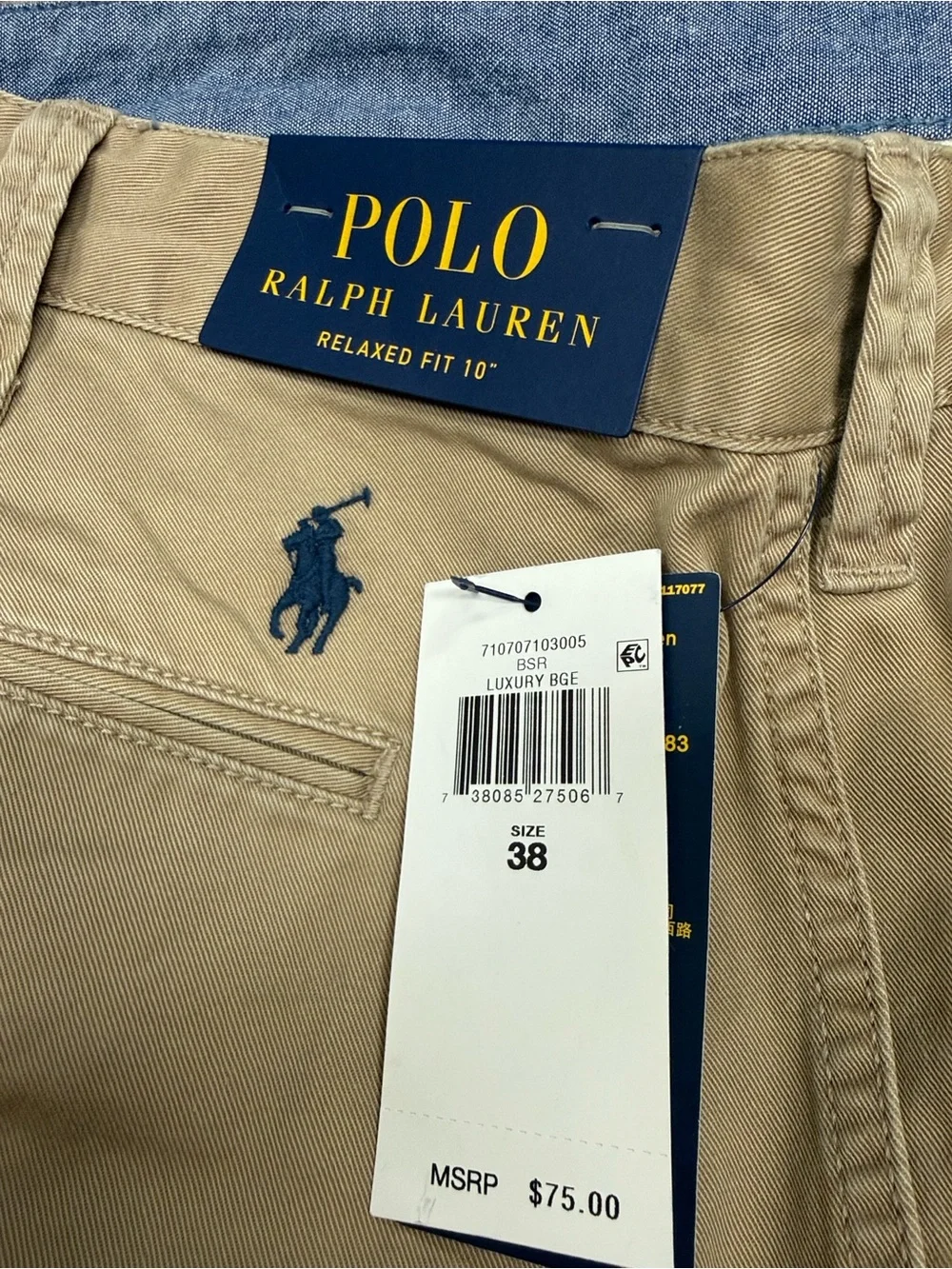 NWT Polo Ralph Lauren Relaxed Fit 10” Khaki Chino Shorts 38